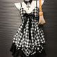 Retro Black and White Plaid Dress - Slim Fit Cinched Sling Bow Design - Florence Luxe