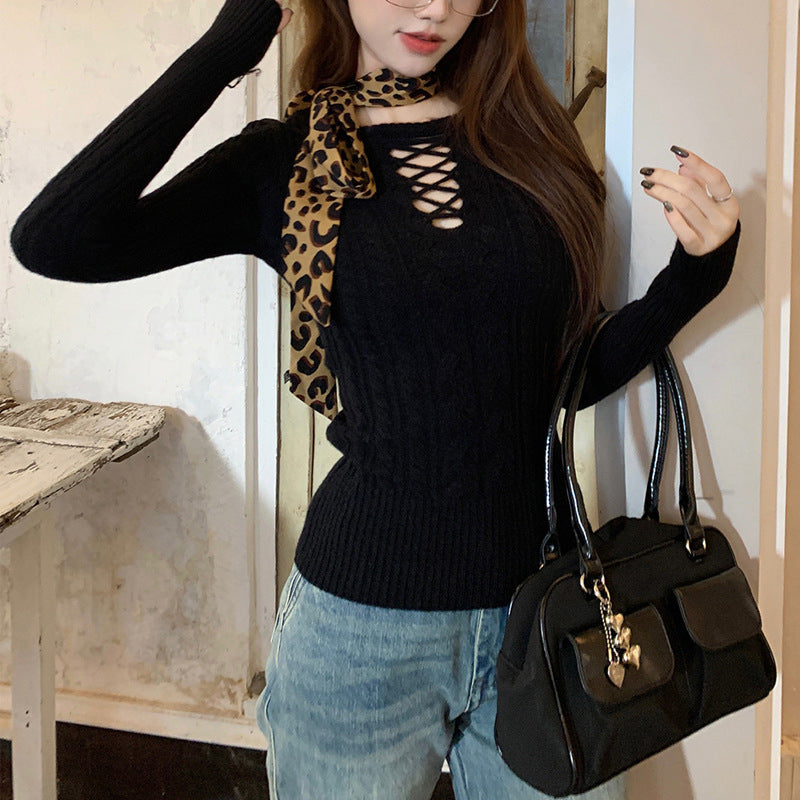 Fashion Design Long Sleeve Slimming Hollow Elegant Sweater Top for Women - Diagonal Collar Casual Hoodie Shorts Suit - Florence Luxe