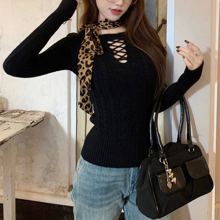 Fashion Design Long Sleeve Slimming Hollow Elegant Sweater Top for Women - Diagonal Collar Casual Hoodie Shorts Suit - Florence Luxe
