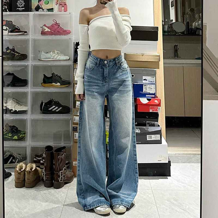 Retro Washed High Waist Rhinestone Straight Leg Jeans for Women Baggy Wide Leg Trousers