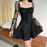 Lace Collar Dress with Square Design and Bell-Bottom Long Sleeve Tied A-Line for Women - Florence Luxe