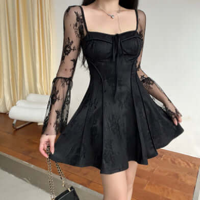 Lace Collar Dress with Square Design and Bell-Bottom Long Sleeve Tied A-Line for Women - Florence Luxe