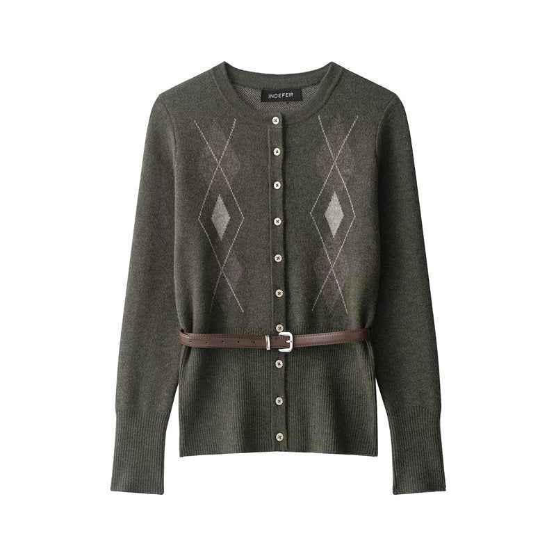 With Belt Diamond Pattern Knitted Coat Midi Skirt Suit