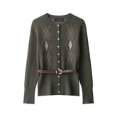 With Belt Diamond Pattern Knitted Coat Midi Skirt Suit