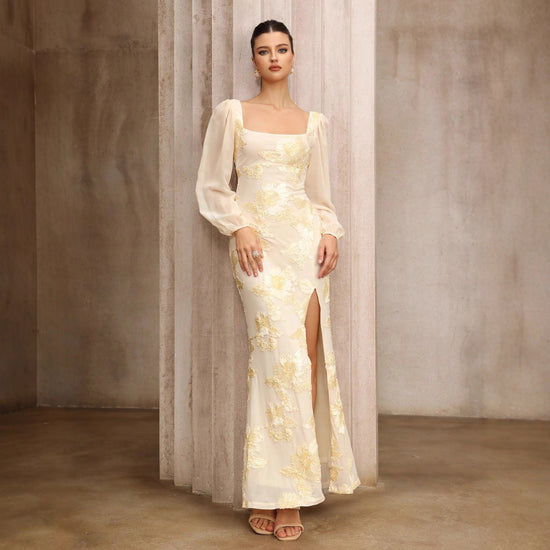 Flower Embroidered Banquet Dress with Square Collar and Slit for Elegant Occasions - Florence Luxe