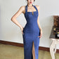 Retro Denim Halter Dress with Slim-fit Slit Design - Florence Luxe