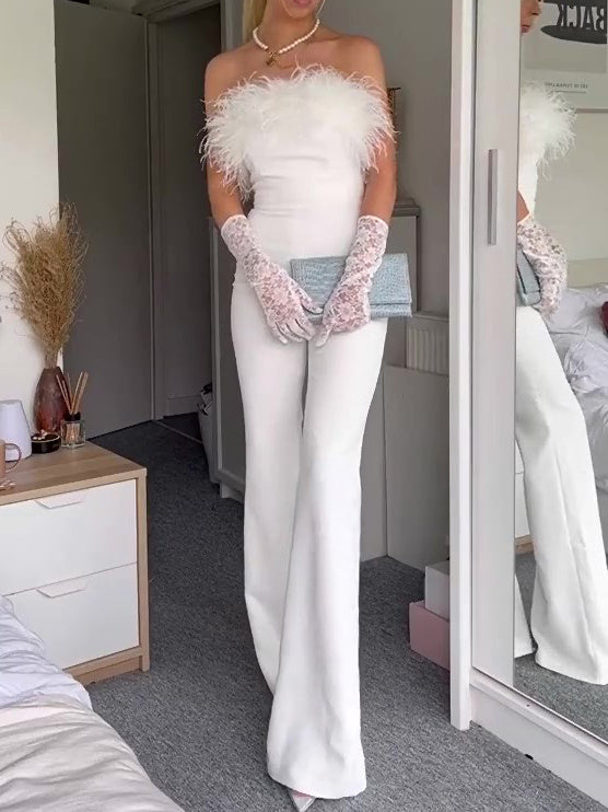 Elegant White Off-Shoulder Jumpsuit with Feather Accents - Florence Luxe