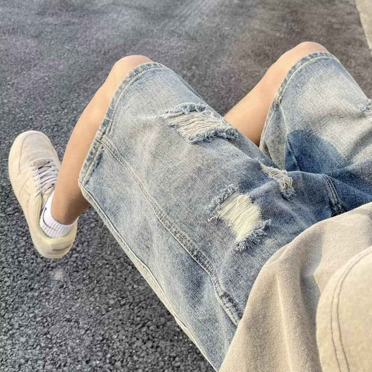 American Retro Tattered Denim Shorts for Men - Stylish Vintage-Inspired Casual Wear