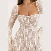 Lace Collar Dress with Square Design and Bell-Bottom Long Sleeve Tied A-Line for Women - Florence Luxe