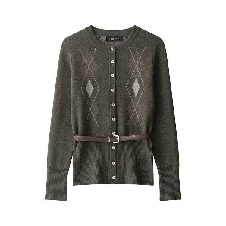 With Belt Diamond Pattern Knitted Coat Midi Skirt Suit