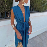 Solid Color Lace High Waist Dress for an Elegant V-neck Style - Florence Luxe