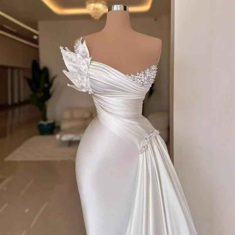 Strapless Long Sleeve Sequins Evening Dress - Stunning White Satin Wedding Dress for Parties