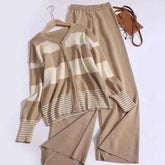 Korean Style Striped Cardigan Pants Suit - Youthful V-neck Knitted Two-Piece Fashion Set