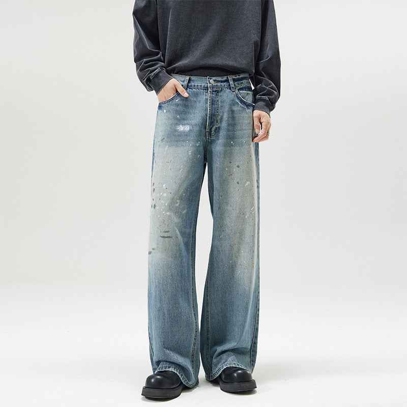 American-style Loose Jeans with Splash Ink Wash - High Street Spider Embroidery Jeans for Effortless Chic