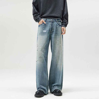 American-style Loose Jeans with Splash Ink Wash - High Street Spider Embroidery Jeans for Effortless Chic