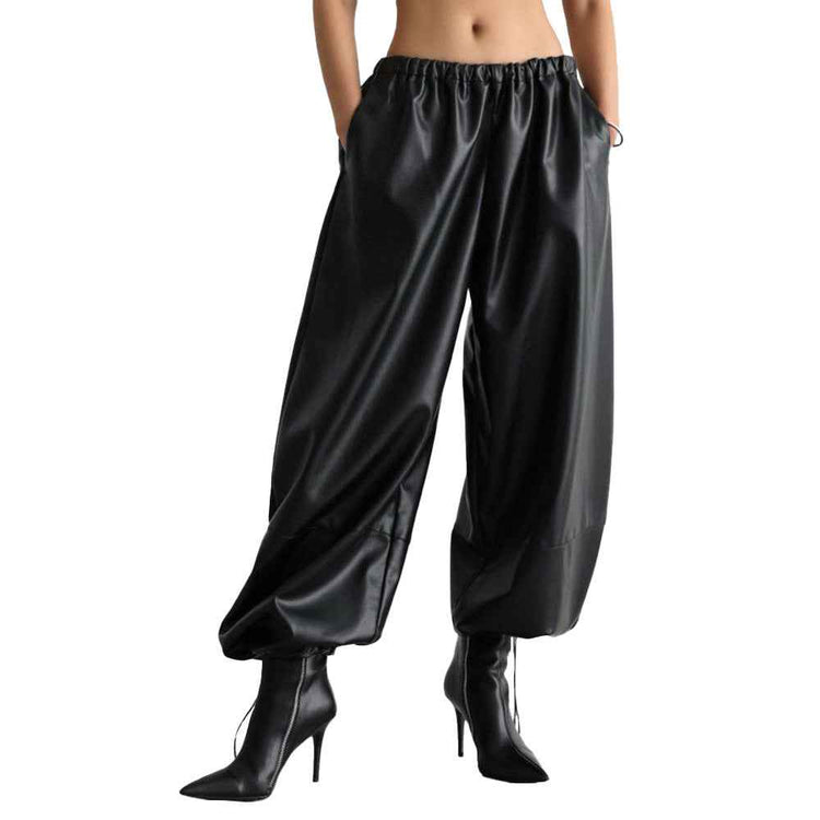 Leather Ankle-Tied Bloomers Loose PU Leather Pants Trousers