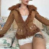 Vintage Fur Collar Coat with Flower Embroidery - Short Warm Design