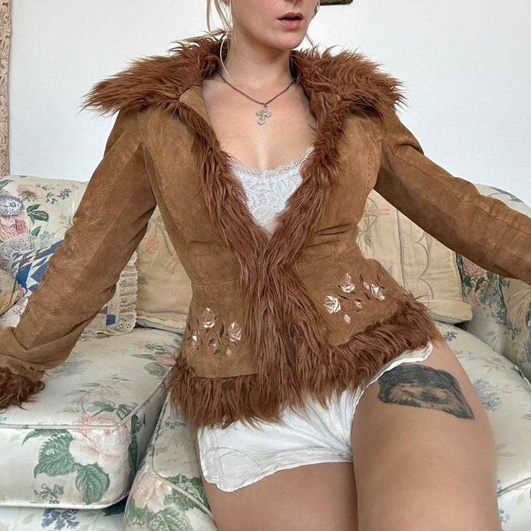 Vintage Fur Collar Coat with Flower Embroidery - Short Warm Design