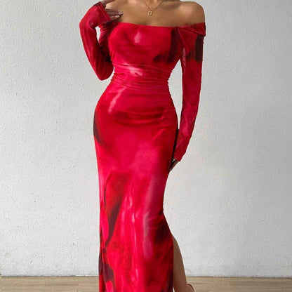 Printed Pleated Sexy Dress with Tight Fit and Split Square Collar