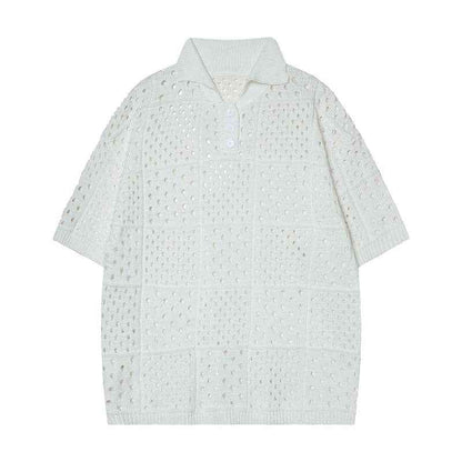 Solid Color Hollow High Sense Polo Shirt - Short-sleeved Knitting Design