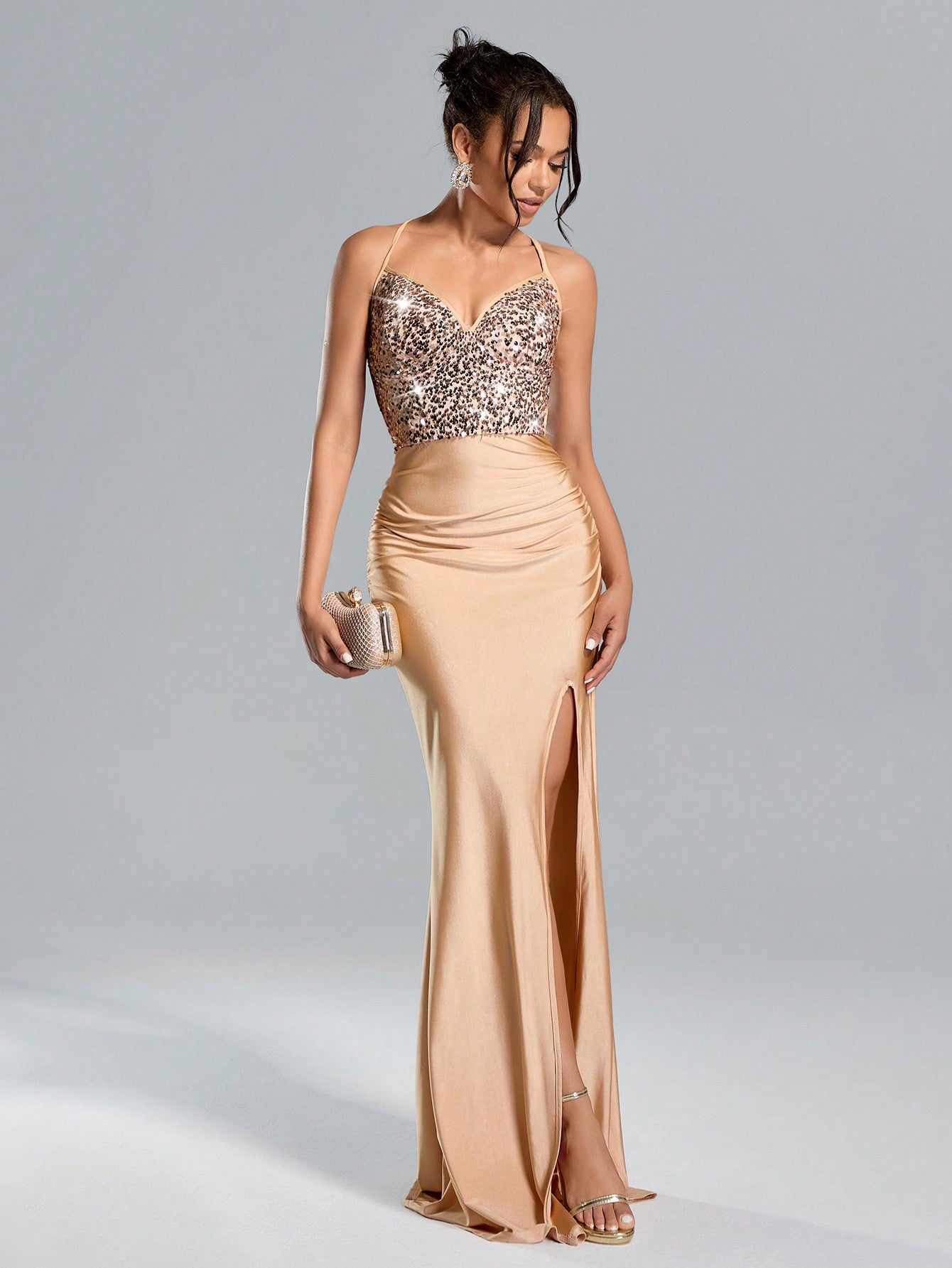Suspended Backless High Waisted Sequin Maxi Dress with High Slit for Graduation Summer Outfit - Florence Luxe