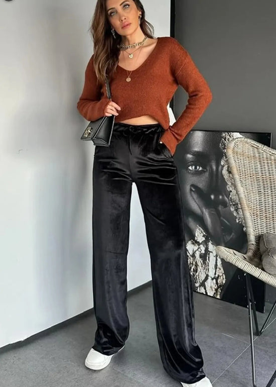 Black Shiny Velvet Drawstring High Waist Straight Leg Casual Pants