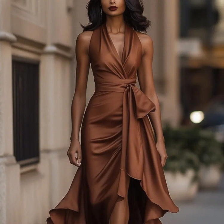 Elegant V-neck Ruffled Dress for Women with Irregular Hem - Florence Luxe