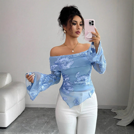New One-shoulder Trumpet Sleeve Asymmetric Hem Embroidery Versatile Stylish Top