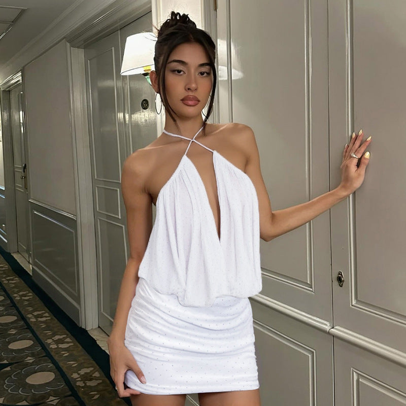 Off-the-Shoulder Rhinestone Dress with Mesh Ruffles for Women - Florence Luxe