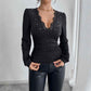 V-neck Lace Stitching Rhinestone Side Pleating T-shirt