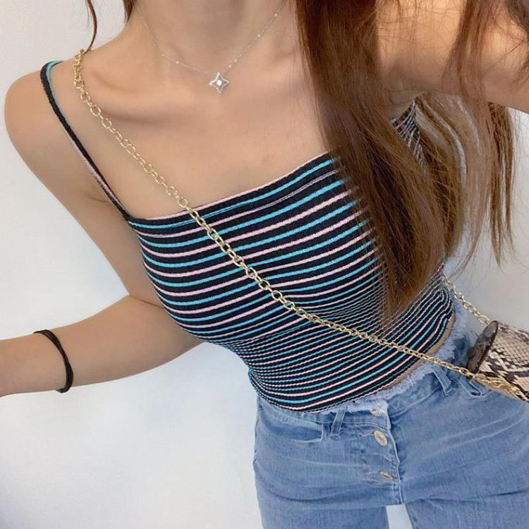 Korean Style Short Western Style Slim Fit Striped Bottoming Shirt worn with jeans and a chain strap bag