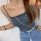 Korean Style Short Western Style Slim Fit Striped Bottoming Shirt worn with jeans and a chain strap bag