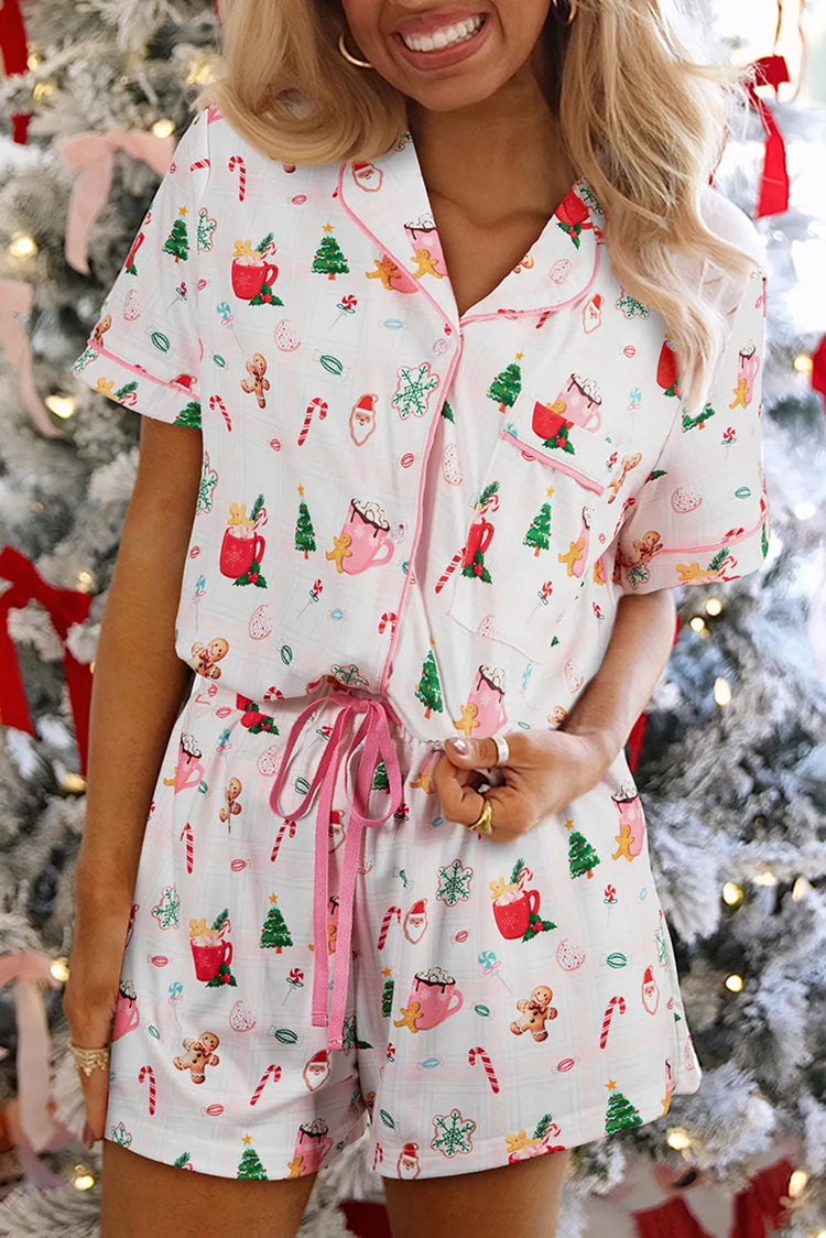 White Christmas Spirits Shirt Style 2pcs Short Pajama Set.