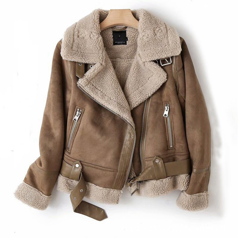 Winter Lapel Suede Jacket - Warm Lamb Wool Coat for Women Motorcycle Outwears - Florence Luxe