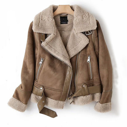 Winter Lapel Suede Jacket - Warm Lamb Wool Coat for Women Motorcycle Outwears - Florence Luxe