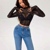 Stand-up Collar Long-sleeved Mesh Decorative T-shirt Top