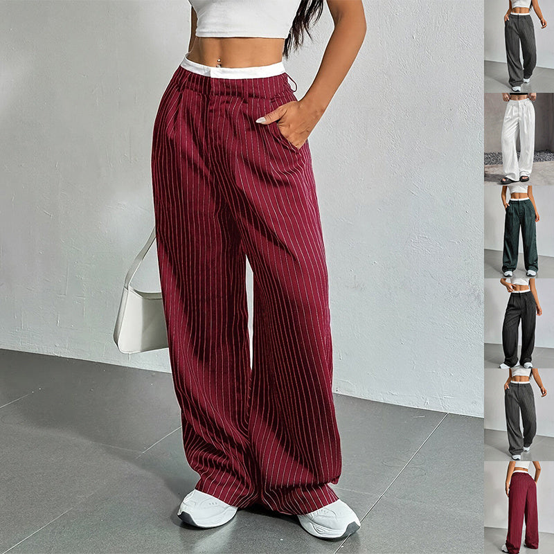 Stripe Printed Trousers Fashion High Waist Straight Leg Pants With Pocket Zipper Casual Suit Pants For Women - Florence Luxe