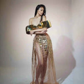 Gold Sequined Strapless Dress for Women - Tube Top Tulle Split Dress