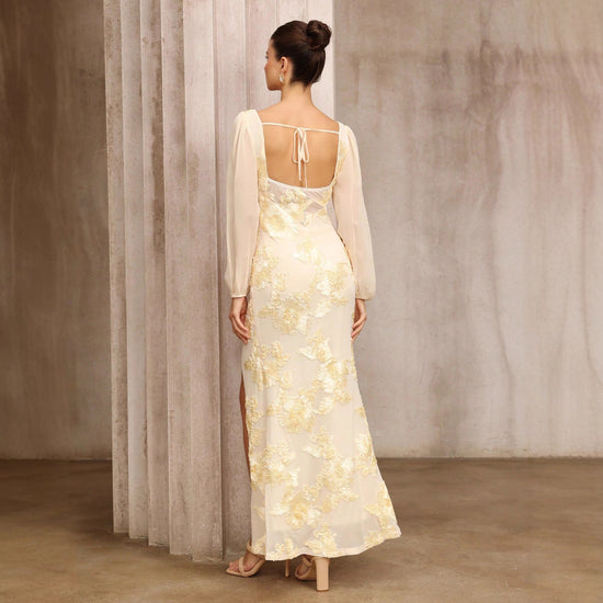 Flower Embroidered Banquet Dress with Square Collar and Slit for Elegant Occasions - Florence Luxe