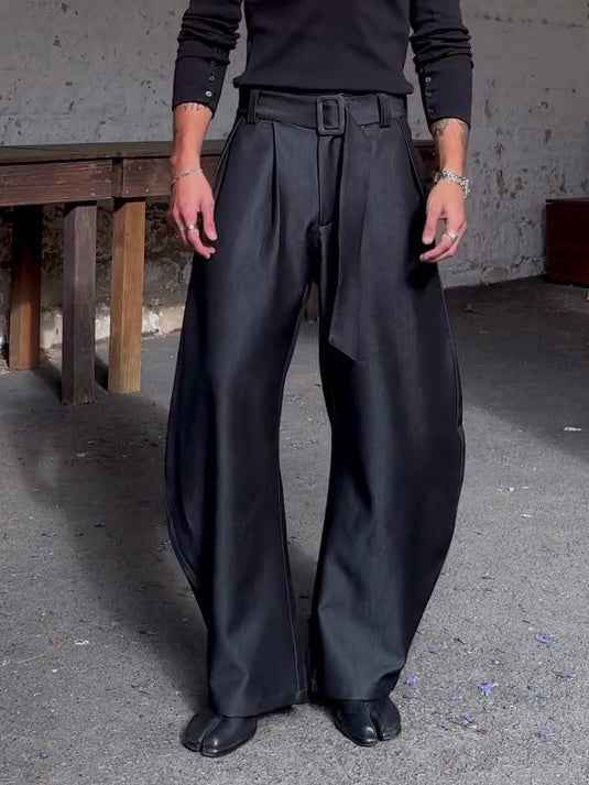 Chic Black Wide-Leg Pants with High-Waisted Belt - Oversized Style