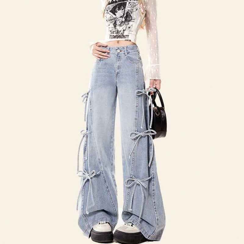 Bow Bandage Jeans for Women Loose-Fitting Wide-Leg Trousers Stylish and Comfortable