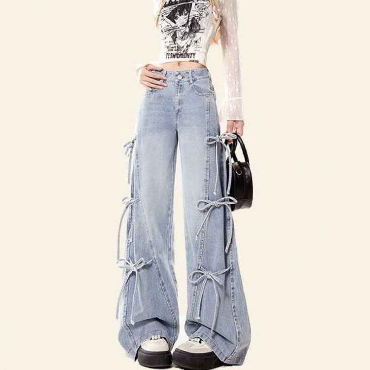 Bow Bandage Jeans for Women Loose-Fitting Wide-Leg Trousers Stylish and Comfortable