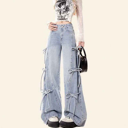 Bow Bandage Jeans for Women Loose-Fitting Wide-Leg Trousers Stylish and Comfortable