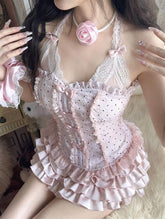 Bow Lace Halter Outfit with Multi-layer Puffy Skirt - Florence Luxe