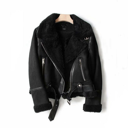 Winter Lapel Suede Jacket - Warm Lamb Wool Coat for Women Motorcycle Outwears - Florence Luxe