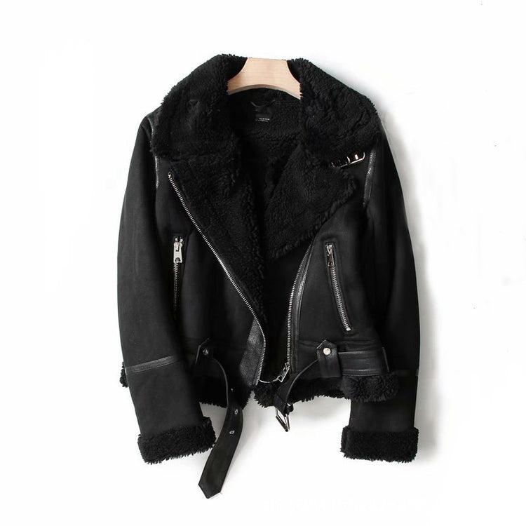 Winter Lapel Suede Jacket - Warm Lamb Wool Coat for Women Motorcycle Outwears - Florence Luxe