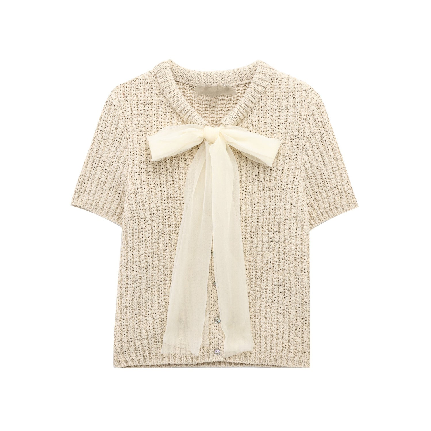 Transparent Organza Bowknot Decoration Knitted Coat.