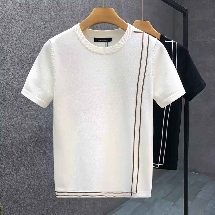 Striped Knitted Summer T-Shirt for Men - Youth Slim Fit High-end Retro Short Sleeve