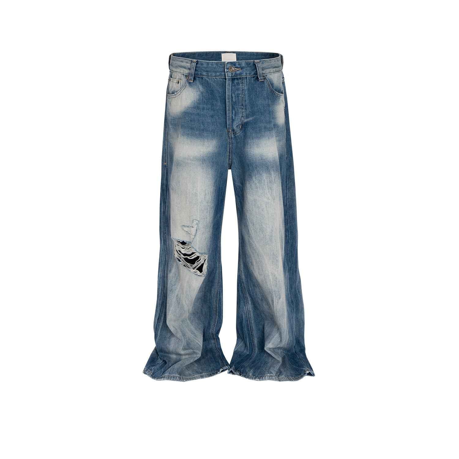 Wide Leg Ripped Blue Jeans - Brushed White Ripped Distressed Frayed Style