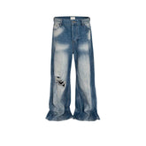 Wide Leg Ripped Blue Jeans - Brushed White Ripped Distressed Frayed Style